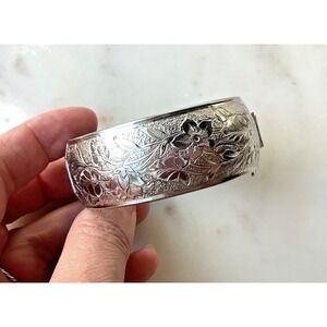 Vintage Coro Pegasus Bracelet Silver Tone Hinged Bangle Floral Etched Wide Cuff